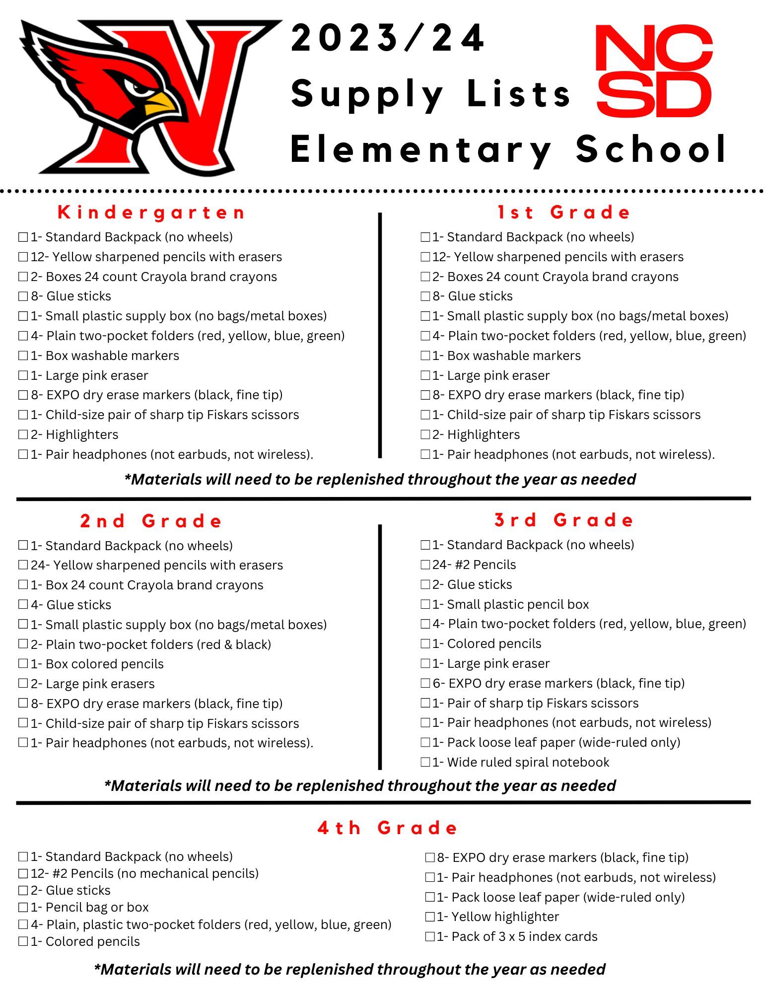 2020-2021 School Supply Lists - Edgemere Elementary School